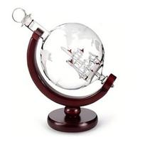 World Earth Decanter Set, 850ml Ship Whiskey Decanter with 2 Glasses, Wood Stand Rotating Wine Dispenser, Gift for Men Dad A
