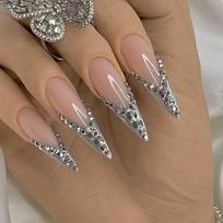 Long Press-On Nails With Crushed Rhinestone Sparkle French Tip Design Women - Gel Glue Or Jelly Adhesive Gel Adhesive Type