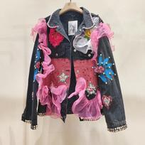 Thai trendy spring new heavy-duty sequin lace beaded mesh patchwork loose denim jacket cross-border One size fits all