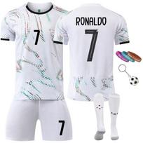 2025/26 Ronaldo Portugalijos išvykos futbolo marškinėliai Nr.7 Vaikams Sportinė apranga Balta 3 apyrankės Raktų pakabukas 100-110 CM balta