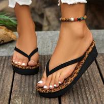 Leopard Print Flip-flops Women's Wedge-heeled Slippers Summer Thick-soled Beach New 2024 Versatile Trendy Flip-flops Zapatos 35 juoda