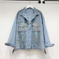 Thai trendy autumn new tassel heavy-duty stitched five-pointed star denim jacket for women, loose and versatile denim jacket M mėlyna