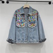 Thai trendy brand autumn new beaded burrs denim jacket loose and thin top jacket cross-border women's clothing M mėlyna