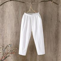 Moteriški plataus kirpimo lininio-medvilninio audinio harem pants - liekninantys, kasdieniai, devynių dešimtųjų ilgio XL [105-115 jin] balta