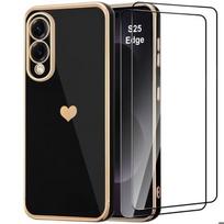 Dėklas Samsung Galaxy S25 Edge - BOOLING - Silikoninis, širdelės rašto, plonas, minkštas, juodas - 2 grūdinti stiklai juoda