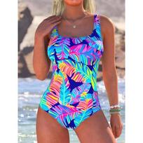 Summer Sexy Leaf Pattern Printed One-piece Swimsuit Slim Fit and Slimming, Deep U-back Design, Beach Pool Vacation Eye-catching Fashion Swimsuit XS tamsiai mėlyna spalva
