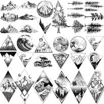 18 lapų Geometrijos Kalnas Laikinos tatuiruotės Vyrams Moterims Suaugusiems Netikros Bangos Tatuiruočių Lipdukas Juodas 3D Pušies Tatuiruotės Trikampis gray