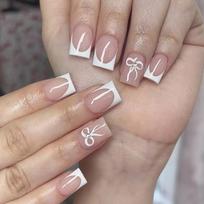 24 Pcs White French Tip Press On Nail Short Square False Nail Sweet Bows Acrylic Nail Glossy Full Cover Stick on Nail 1