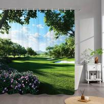 1pc Golf Course Shower Curtain - Lush Green Fairways & Pink Rose Bushes, Sunny Landscape Design with 12 Hooks 90x180cm