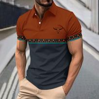 Men's Western Bull Print Shirts Color Block Collared Short Sleeve Shirt Casual Summer Tops For Golf & Daily Wear L ruda
