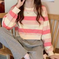American short striped crew neck sweater for female students 2026 autumn new loose thin student long-sleeved top trend6 M rožinė