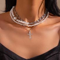 Vintage Imitation Pearl Beaded Necklace Choker Cold Wind Hip Hop Riveted Cross Item Jewelry