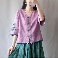 Summer Women's Clothing Shirts Blouse Blusa Mujer Vintage Casual Camisas Woman Blouses Cotton Linen V-Neck Embroidery S