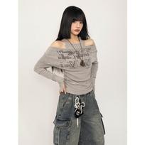 KOSY American Vintage Print Tops Women Solid Y2k Off Shoulder Long Sleeve T-shirt Female Pinched Waist Slimming Fake Two Tops S pilka