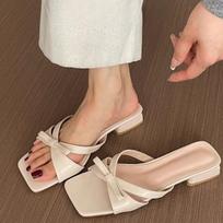 Fashion 2025 Summer New Fashion Thick Heel Square Toe Open Toe Satin Bow Holiday 1 Slip-on Women's Sandals 35 smėlis
