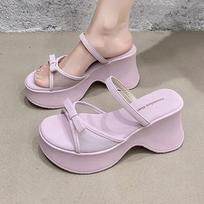 Women High Heels Slippers Platform Bow Designer Shoes Summer Woman Heeled Sandals New 2025 Fashion Slides Pumps Zapatillas Mujer 34 pastelinės violetinės spalvos