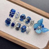 Square Press on Nails Almond Fake Nails Blue False Nails with Butterfly Design Full Cover Acrylic Glue on Nails Artificial Stick on Nails for Women XS blue