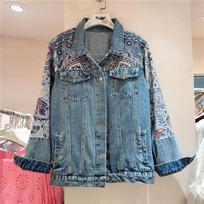 Thai trendy brand autumn new heavy industry patch fashion retro casual denim long-sleeved jacket cross-border women's clothing M mėlyna