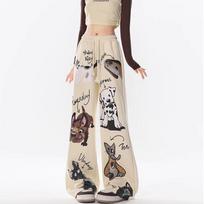 Casual Chic Design Pattern Baggy Straight Pants Women High Waist Lace Up Pantalones Korean Fashion Spring Fall Loose Spodnie 2XL