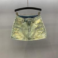 Retro Spice Girl Old Ripped Denim Short Skirt Women's Summer New High Waist Skinny A-Word Hip Wrap Skirt S