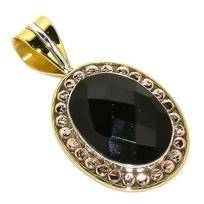 Natural Black Onyx Gemstone TwoTone 925 Solid Sterling Silver Pendant 1.50  n0l04