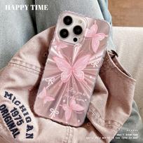 Pink butterfly applies to Apple 17promax mobile phone case, Aurora laser iPhone16 protective case, bow. apple 17