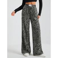 New Spring and Autumn Leopard Print Straight-line Casual Pants for Women with High Waist Loose Wide-leg Trousers S