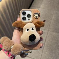 For iPhone 12 13 14 pro 15 16 17 Pro Max phone case cute 3d Brown fluffy dog Case with Hair ball pendant kawaii soft cases For iPhone 17