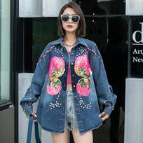 Thai trendy brand spring new foreign style heavy industry beaded sequined shirt women's loose medium and long denim jacket one size fits all mėlyna