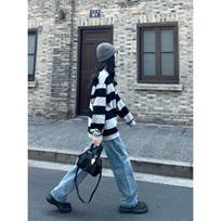 2026 spring new American retro striped crew neck sweater women's spring and autumn loose casual long-sleeved top ins tide M