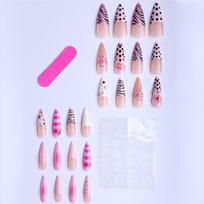 24pcs Press-On Nails Set French Style Pink Cherry Blossom Leopard Dot Y2K Acrylic Tips Women CY-01-32 Ice Pink Glue-on Nail Tips