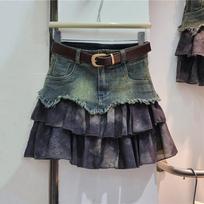 American design sense denim splicing chiffon tutu skirt women's high waist and thin A-shaped skirt pleated short skirt tide S