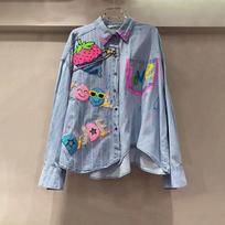 Thai trendy brand spring and autumn new sequined graffiti patch personalized denim shirt women's loose shirt top One size fits all mėlyna