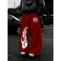 Street Style Jogging Pants Men's Casual Sports Pants Flame Pattern Wide Leg Sports Pants Fashionable Men's Must Have S black