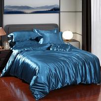 Luxury Satin  Bedding Set With Flat Sheet Duvet Cover High End Bedding Set  High Density Satin  Solid Color Bedding Flat Bed Sheet&1.2m  4pcs povo mėlyna spalva