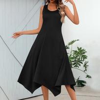 Women's Casual Fashion Round Neck Sleeveless Irregular Hem Midi Dress XL juoda