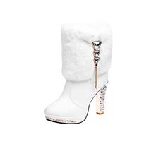 Women Rhine-diamond High Heel Ankle Boots Winter Fashion Pointed Toe Thick Heel New Fashion Dress Chelsea Botas Stilettos Pumps 35 balta