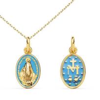 Medal - THE AZURE WORKSHOP - Miraculous Virgin Mary - 18 Carat Yellow Gold - Blue Enamel - Adjustable Gold-Plated Chain