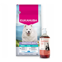 EUKANUBA Special Care Sensitive Skin suaugusiems šunims su jautria oda, 12 kg + LAB V Lašišų aliejus šunims ir katėms 1000ml