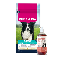 EUKANUBA Active Adult vidutinio dydžio veislėms, su vištiena, 12 kg + LAB V Lašišų aliejus šunims ir katėms 1000ml