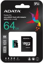 Atminties kortelė Tab ADATA Premier Pro Micro SDXC 64GB klasė 10 UHLS- / U3 A2 V30 (AUSDX64GUI3V30SA2-RA1)