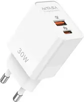 Nitasa USB-C sieninis įkroviklis 30 W su Power Delivery ir Quick Charge, 2 portai, baltas