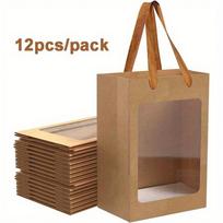 12 vnt. rudos popierinės dovanų maišeliai su permatomu langeliu, 10x7x5 colio Kraft pirkinių maišeliai su rankenomis dovanoms, šventėms, vakarėliams 12 pcs
