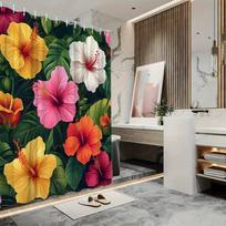 1pc Tropical Hibiscus Shower Curtain - Lush Green Leaves & Colorful Flowers, Polyester, 70.8x70.8 , 12 Hooks, Easy Care W90XH180cm