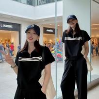 Women Striped Polo 2 Piece Tracksuit Half Zip Short Sleeve Top Drawstring Wide Leg Pants Casual Sports Set 4XL juoda