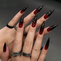 3D Gradient Long Press-On Nails Women - Red Black Ombre Fake With Plaid 24pcs Glue Jelly Gel Adhesive Adhesive Type black