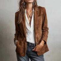 Europos Amerikos zomšinė striukė moterims Atverčiama apykaklė Vienspalvė Ilgomis rankovėmis Švarkas Paltai Moteriškas laisvalaikio paltas Streetwear S tamsiai ruda spalva