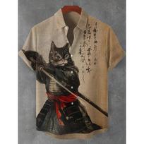 Men's Shirts Warrior Samurai Cat Print Hawaii Beach Shirt For Men 3d Print Hawaiian Shirt Women Fashion Short Sleeve S