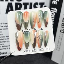 Gradient Airbrush Nail Tips With Irregular Metallic 3D Embossed Design Long Pointed Wearable Press-On Nails Edgy Glam Look Extra Small