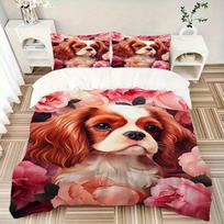 3pcs Charles Spaniel Bedding Set Down Comforter Cover and Pillowcases, Suitable for Guest Room Home Decoration All Seasons(No Insert) S0819063 135x200cm